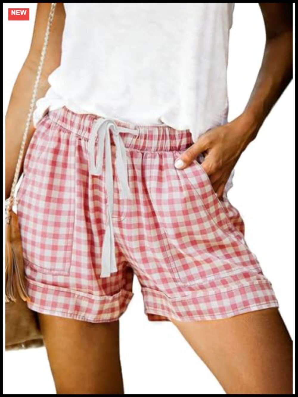 Women's High Waisted Plaid Bermuda Shorts Cotton Drawstring Casual Baggy